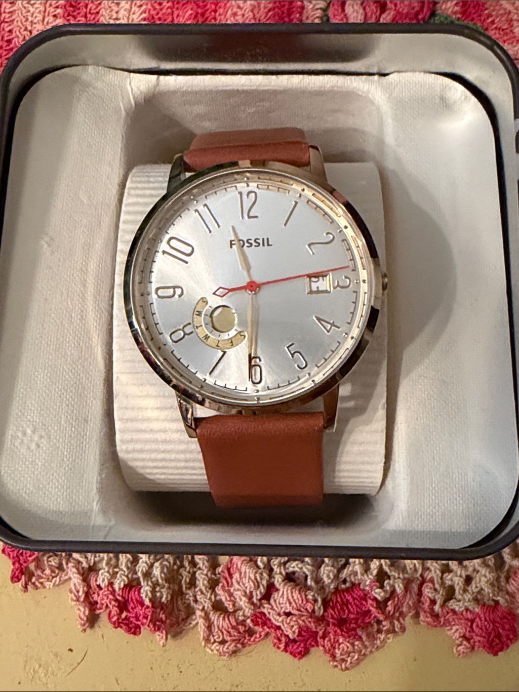 Bogohofossil Silver Dial Watch With Brown Leather Strap